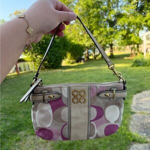 Coach Pink & Beige Signature Mini Shoulder Bag with Gold Hardware